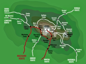 Έγχρωμος χάρτης των διαδρομών ανάβασης στο Kilimanjaro και της Machame Route.